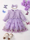 3pcs Girls' New Spring and Autumn Season Customized Three-dimensional Butterfly Embroidery Mesh Dress FD6102H