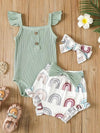 Baby Girls Summer Cute 3pcs Outfits, Striped Knit Cami Top Rainbow Printed Pants Headband Set Outdoor Clothes BS6101G