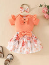 Short-sleeved Ha'er + Flower Print Cake Skirt + Headwear Bow Three-piece Set BS6101I