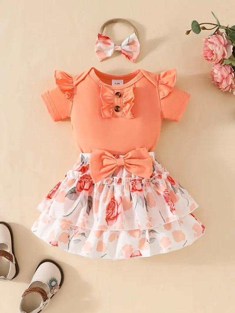 Short-sleeved Ha'er + Flower Print Cake Skirt + Headwear Bow Three-piece Set BS6101I