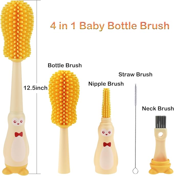 Yellow Silicone Bottle Cleaning Brush, 4-in-1 Baby Bottles Cleaner Set - Bottle/Straw/Nipple/Neck Brushes BCP1048A