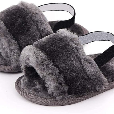 Gray Baby Girls Soft Sole Fur Slippers SLP8013E