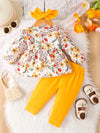 Adorable 3pcs Baby Girl Outfit Set: Floral Print Long Sleeve Top, Cozy Cotton Blend Pants & Matching Headband - Machine Washable, Perfect for Outdoor FD6125G