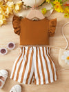 Solid Color Twisted Sleeve Cotton Top with Striped Bow Shorts, for Outdoor FD6091D