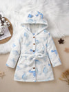 Fashion Cartoon Dinosaur Pattern Fleece Hooded Coat with Belt, Button Front, Long Sleeve, Single Breasted Placket, 100% Polyester Soft Double-Sided Velvet Winter Outerwear HJ6209C
