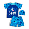 Boys Navy Blue Shirt & Short Swimsuit 2 PCs Set with Cap SWM6154A