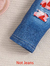 Two-Piece Set for Youngsters, Featuring a Red Love Print Pattern in a Soft And Comfortable Fabric, Short-Sleeved Imitation Faux Denim, And Long Pants with a Ripped Design, for Outdoor FD6402F