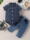 2pcs Baby Boys Plaid Short-Sleeve Bodysuit With Casual Denim Pants Set, Spring/Summer Toddler Gentleman Outfit, Outdoor Cloth SD6106F