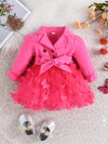 Casual Kids' Clothing| Charming Girls' Bright Pink Long-Sleeve Dress with Bow Detail - Polyester, Non-Stretch, Casual Style with Tulle Skirt - Perfect for Spring/Fall Events, Hand or Dry Clean Only FD6092B