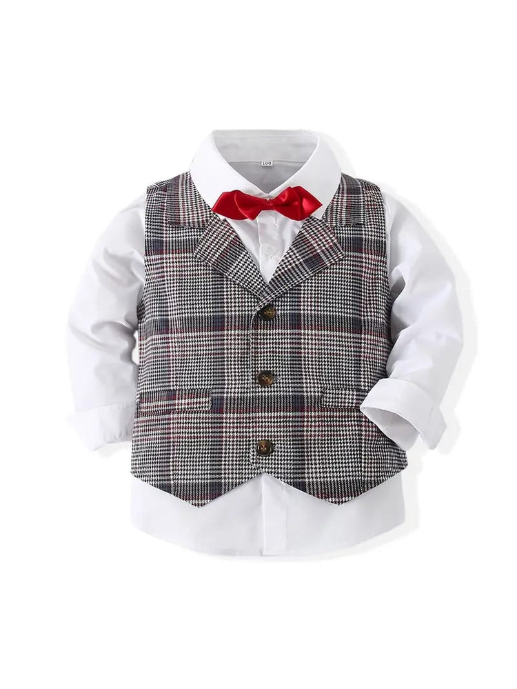 3pcs Boys' Formal Suit Set - Blend Plaid Waistcoat with Lapel Collar, Long Sleeve Shirt & Solid Blue Pants SD6106D