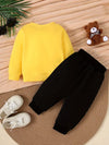 Girls' Trendy Cartoon Bear Print Long Sleeve Sweatshirt & Black Pants Set - Cotton Blend, Machine Washable, Perfect for Outdoor TS6404I
