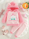 2pcs Adorable Cartoon Cat Fleece Plush Long Sleeve Hoodie And Pants Outfit Set For Baby Girls, Soft Cute And Comfortable Wear For Autumn/Winter HJ6208A