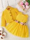 2pcs Baby's Cozy Comfort, Girls' Casual Floral Dress and Yellow Cardigan Set - Long Sleeve, Polyester, Round Neck, Non-Transparent, Knit Fabric - Perfect for Spring/Fall FD6102G