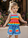Girls' Rainbow Striped Suspenders Top and Imitation Denim Shorts Set, Perfect for Outdoor FD6124D