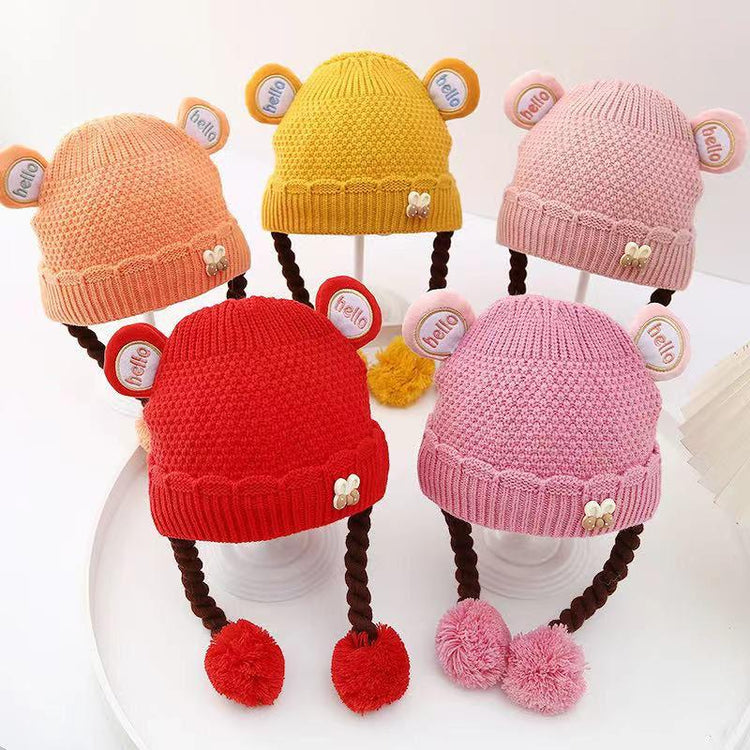 Girls Cute Warm Knit Embroidered Winter Cap With Braids (6 Months -3 Years) CP5100