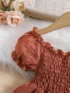 Girls' Brown New Summer Bubble Sleeve Plain Color Dress with Cute Hat Two-piece Set Princess Dress FD6111G