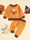 Baby and Children's Spring and Autumn Casual Sweatshirt Thanksgiving Embroidered Turkey Print Patchwork Color Sweatshirt and Pants Set TS6037E