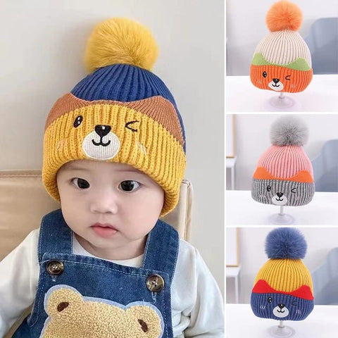 Blue & Yellow Baby Winter Cute Pompom Bear Knitted Woolen Warm Cap CP5075D