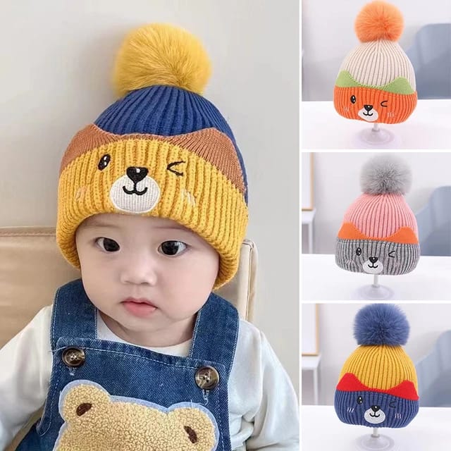 Pink Baby Winter Cute Pompom Bear Knitted Woolen Warm Cap CP5075A