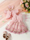 3pcs Adorable Girls' Summer Outfit: Pink Butterfly Embroidered Tulle Dress with Ruffle Sleeves & Bow Accent, Polyester Crop Top with Bow Headband Set - Machine Washable, Special Occasion Dress|Ruffle Sleeve Dress|Floral Embroidery FD6102F