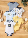 5pcs Baby Boys Cartoon Lion And Stripe Pattern Jumpsuits, Short Sleeves 100% Cotton Comfortable Summer Bodysuits, For Outdoor BS6098I