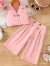 Girls' Elegant V-Neck Top + Drawstring Pants, Perfect for Outdoor FD6124H