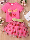 Children's Summer Short Sleeve Strawberry Mesh Skirt Set FD6108C