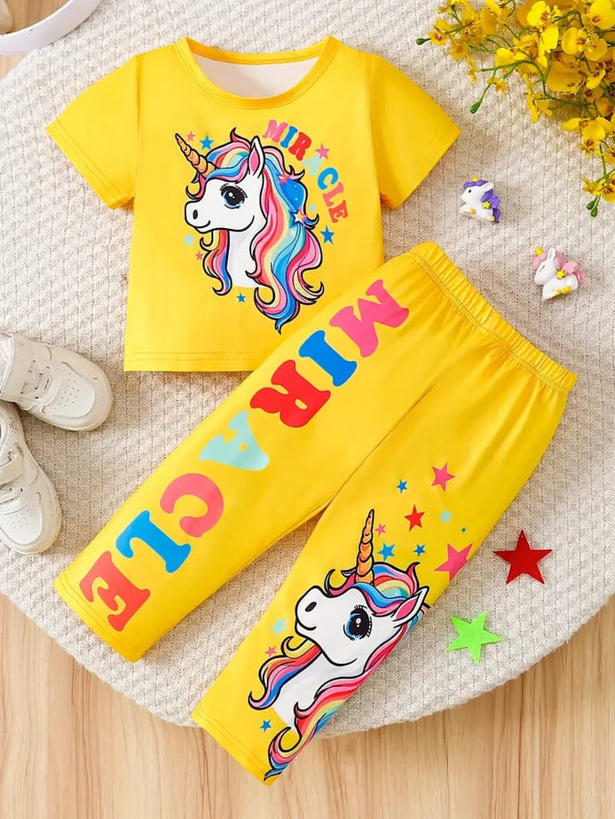 2pcs Unicorn Print Kids' Casual Outfit Short Sleeve T-Shirt