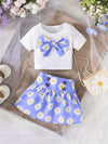 Girls' Summer Daisy Print Pleated Skirt Set, Casual Polyester Knit Fabric with 3D Bow Detail, Elegant Ladylike Outfit for Baby Girls, for Outdoor FD6127A