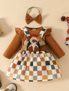 Adorable 3pcs Toddler Girls' Thanksgiving Outfit Set - Turkey Print Long Sleeve Romper, Plaid Suspender Dress & Matching Headband BS6098F