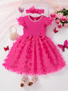 Summer Girls' Casual Dress with Ribbed Mesh Splicing, Comes with a Hair Accessory FD6110J
