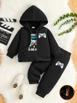 Black Boys Hoodie Set with Zipper, Casual Knit Fabric, Alphabet Pattern, Polyester 100%, Non-Stretch, Regular Fit, 3 Pcs Set TS6041