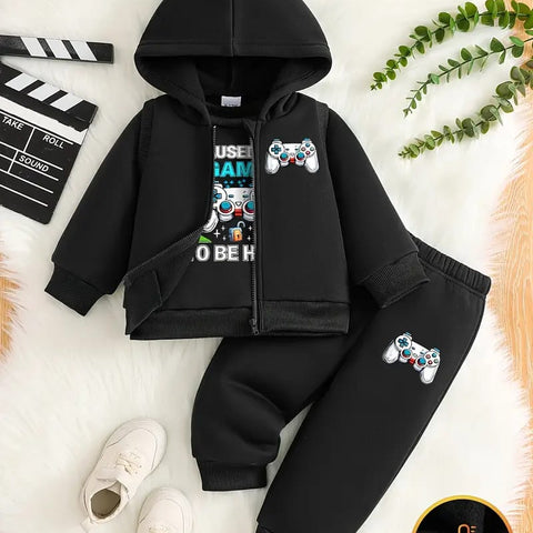 Black Boys Hoodie Set with Zipper, Casual Knit Fabric, Alphabet Pattern, Polyester 100%, Non-Stretch, Regular Fit, 3 Pcs Set TS6041