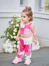 Girls' Sleeveless Vest and Pants Set - Cute Pink and White Geometric Pattern, Crew Neck, Stretchy Polyester Blend, Regular Fit, Summer Outfit for Youngsters, for Outdoor  FD6124A