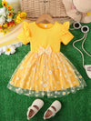 Girls' Floral Petal Sleeve Dress with Contrast Mesh and Bow FD6110D