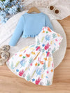 Cute Two-Piece Spring/Fall Outfit: Long Sleeve Crew Neck Top with Ruffled Edges and Floral Print Dress with Bow Set FD6111D