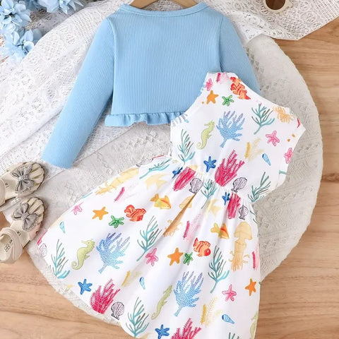 Cute Two-Piece Spring/Fall Outfit: Long Sleeve Crew Neck Top with Ruffled Edges and Floral Print Dress with Bow Set FD6111D