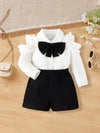 Girls' Summer Outfit - White Long Sleeve Ruffle-Sleeve Shirt with Bow Tie & Black Shorts, Casual Polyester Knit Fabric with Elastane, Solid Color 2pcs Set FD6124E