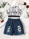 Brown Bark Cute Versatile Casual Denim Suspender Set for Girls Two-piece, for Outdoor FD6112G
