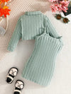 Girls' Rib Knit Two-Piece Layette Set - Solid Color Turtleneck Long Sleeve Crop Top with Spaghetti Strap Dress - Dressy Knitwear for Spring/Fall FD6127H