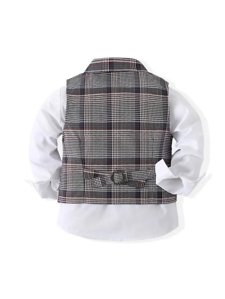 3pcs Boys' Formal Suit Set - Blend Plaid Waistcoat with Lapel Collar, Long Sleeve Shirt & Solid Blue Pants SD6106D