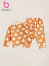 1 Set Bwindkids Baby Girl Cartoon Bear Print Knit Set, Blend with Elastane, Casual Loose Fit, 2pcs Outfit FD6127B