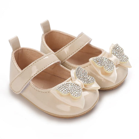 Cream Fashionable Baby Girl's Bow with Rhinestone Decor Rubber Anti-Slip Soft Sole Shoes SH7125E