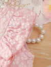 2pcs Pink Short Sleeve Round Neck Ruffle Textured Fabric + Butterfly Embroidery Mesh Skirt FD6121D