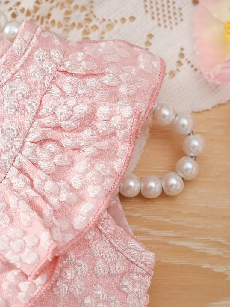 2pcs Pink Short Sleeve Round Neck Ruffle Textured Fabric + Butterfly Embroidery Mesh Skirt FD6121D