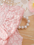 2pcs Pink Short Sleeve Round Neck Ruffle Textured Fabric + Butterfly Embroidery Mesh Skirt FD6121D