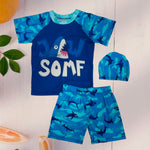 Boys Navy Blue Shrit & Short Swimsuit 2 PCs Set with Cap SWM6054A