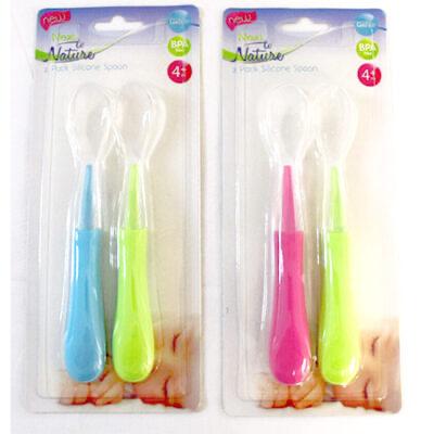 Pack of 2 Pink & Green Infant Baby Silicone Soft Food Feeding Spoons Set FS104B