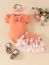 Short-sleeved Ha'er + Flower Print Cake Skirt + Headwear Bow Three-piece Set BS6101I