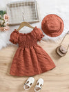 Girls' Brown New Summer Bubble Sleeve Plain Color Dress with Cute Hat Two-piece Set Princess Dress FD6111G